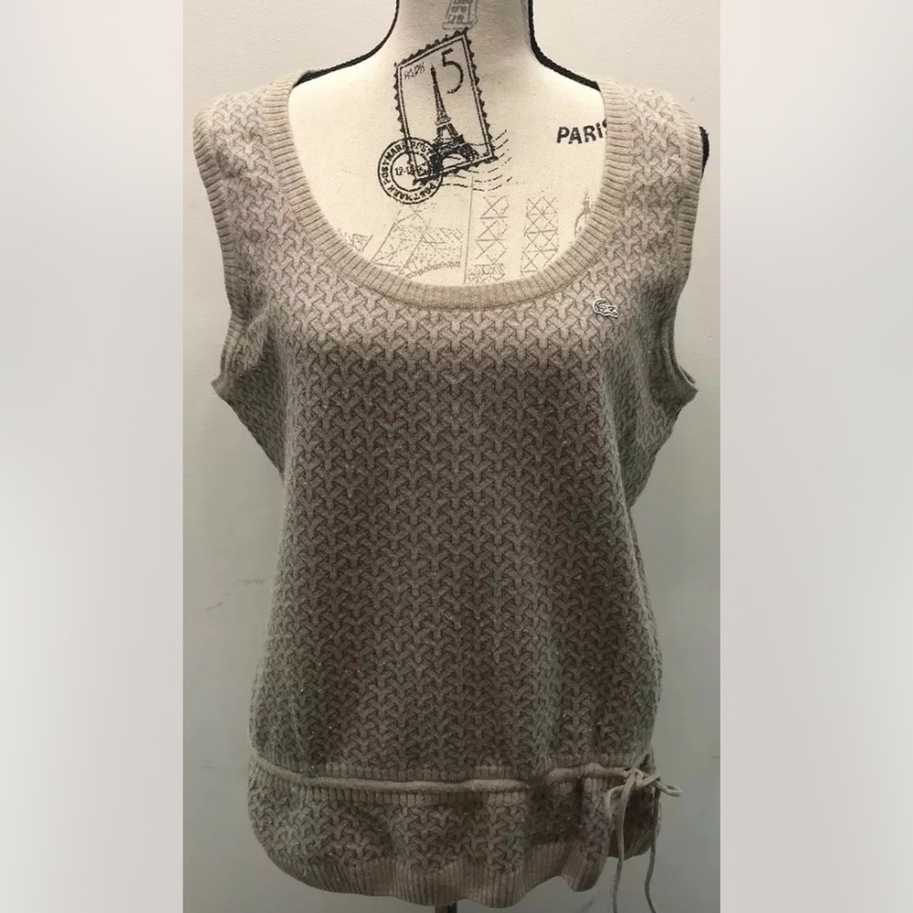 Lacoste Sleeveless Brown Geometric Sweater 44 Women Wool Cotton Draw String